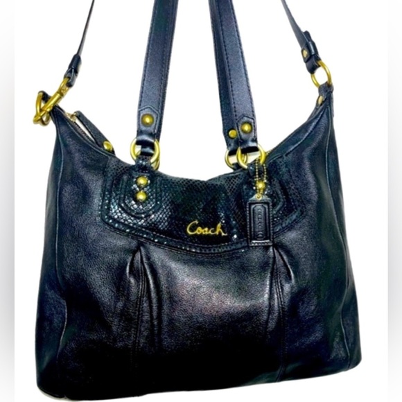 Coach Handbags - COACH Ashley Black Leather Python Trim Purse Shoulder Hobo Handbag F20104